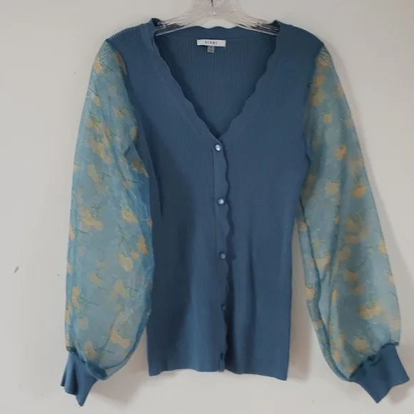 SIONI blu knit with Sheer floral Long Sleeves Sweater Top Cornflower blue Size S - Picture 8 of 16
